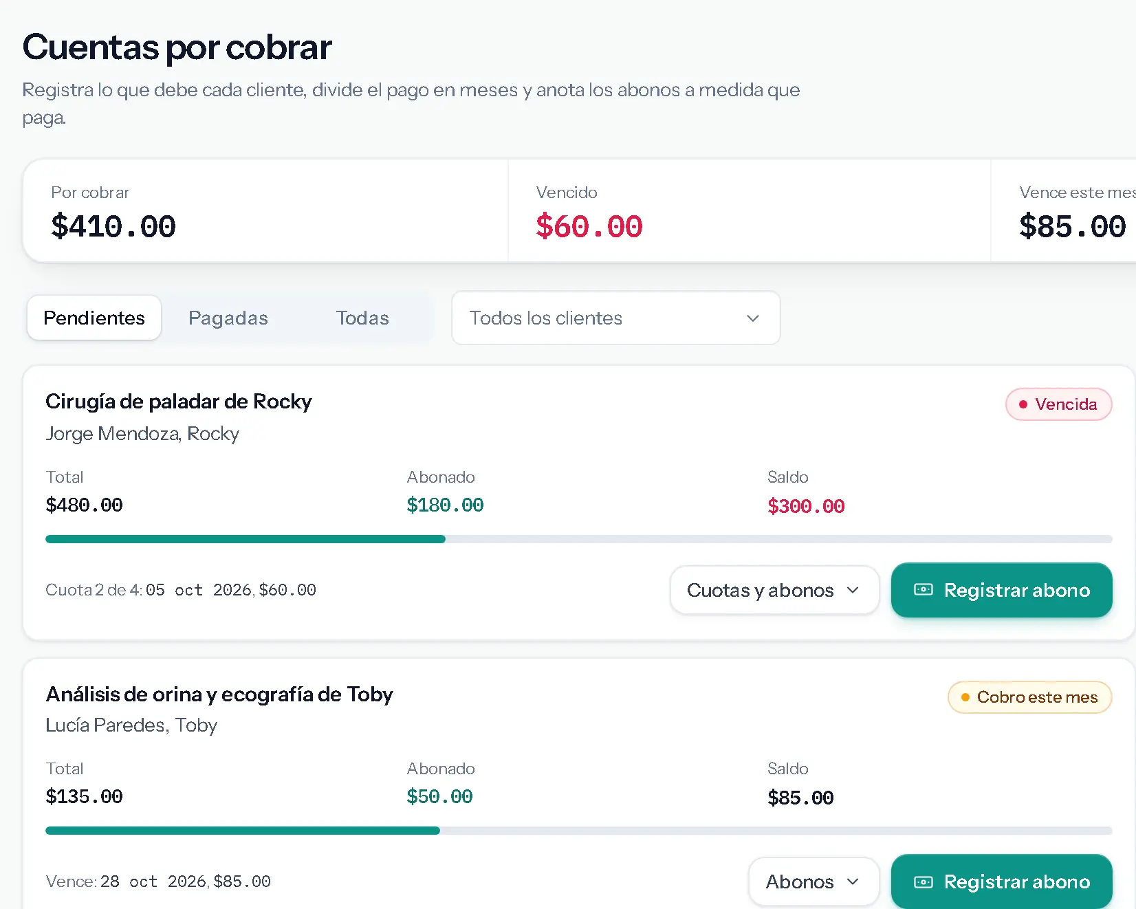 Cuentas por cobrar: total por cobrar, vencido, y deudas en cuotas con lo abonado y el saldo.