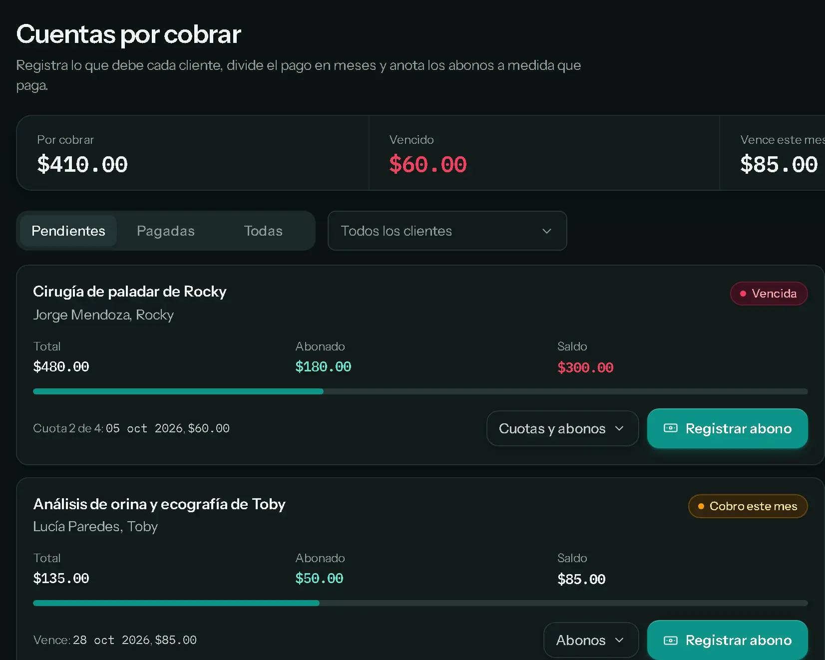 Cuentas por cobrar: total por cobrar, vencido, y deudas en cuotas con lo abonado y el saldo.
