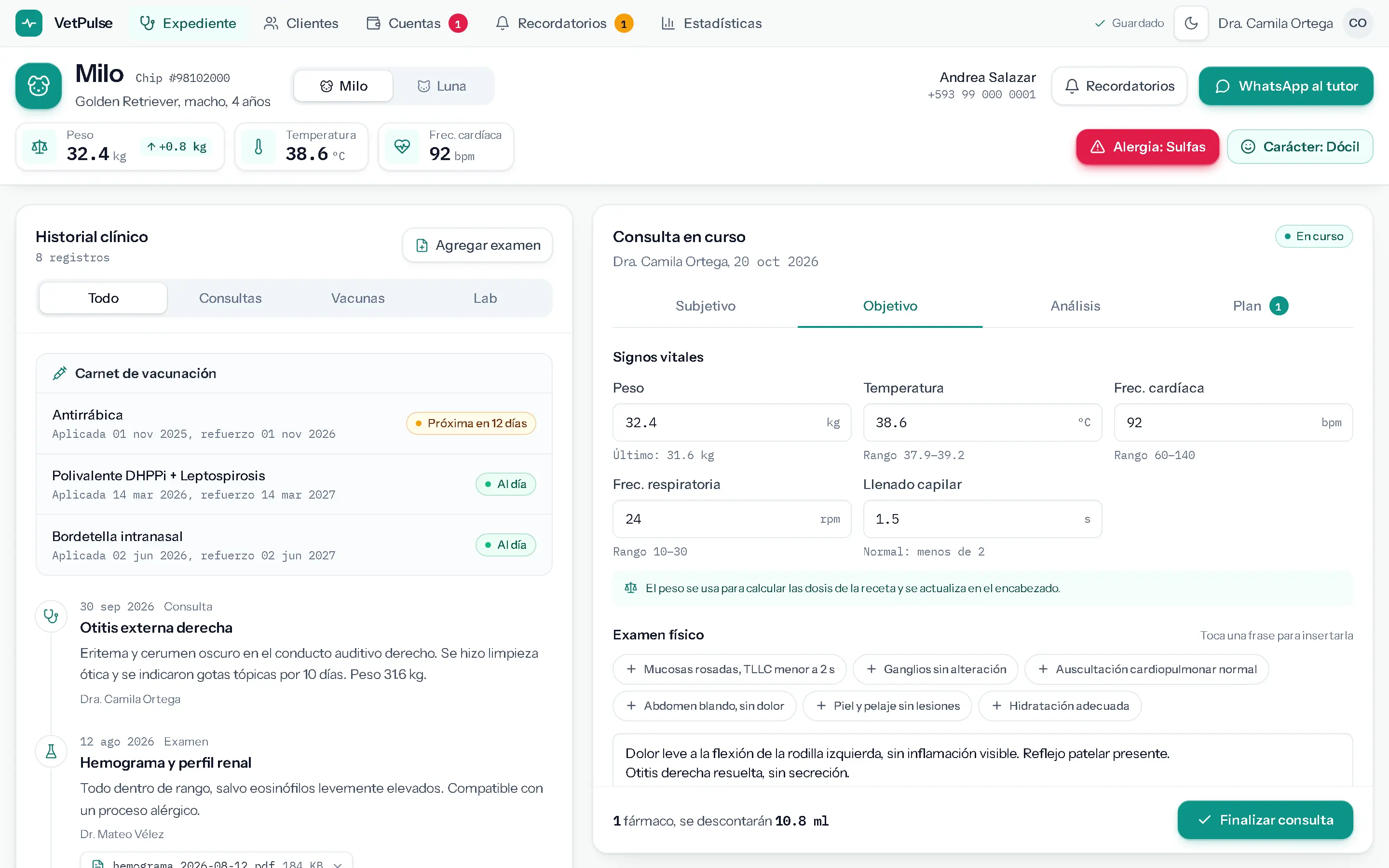 Expediente de Milo en VetPulse: encabezado del paciente con peso, temperatura y alergia, historial clínico y consulta en curso.