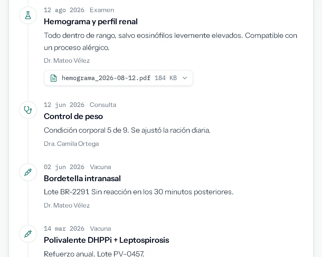 Historial clínico de Milo: vacunas con su lote, consultas y exámenes ordenados por fecha.
