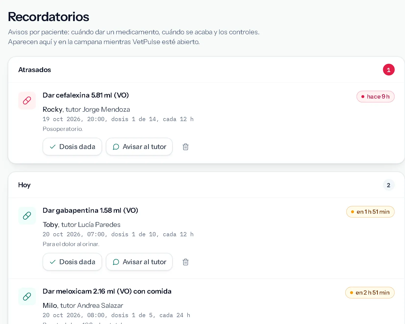 Recordatorios atrasados y de hoy, como dar meloxicam 2.16 ml a Milo a las 08:00.