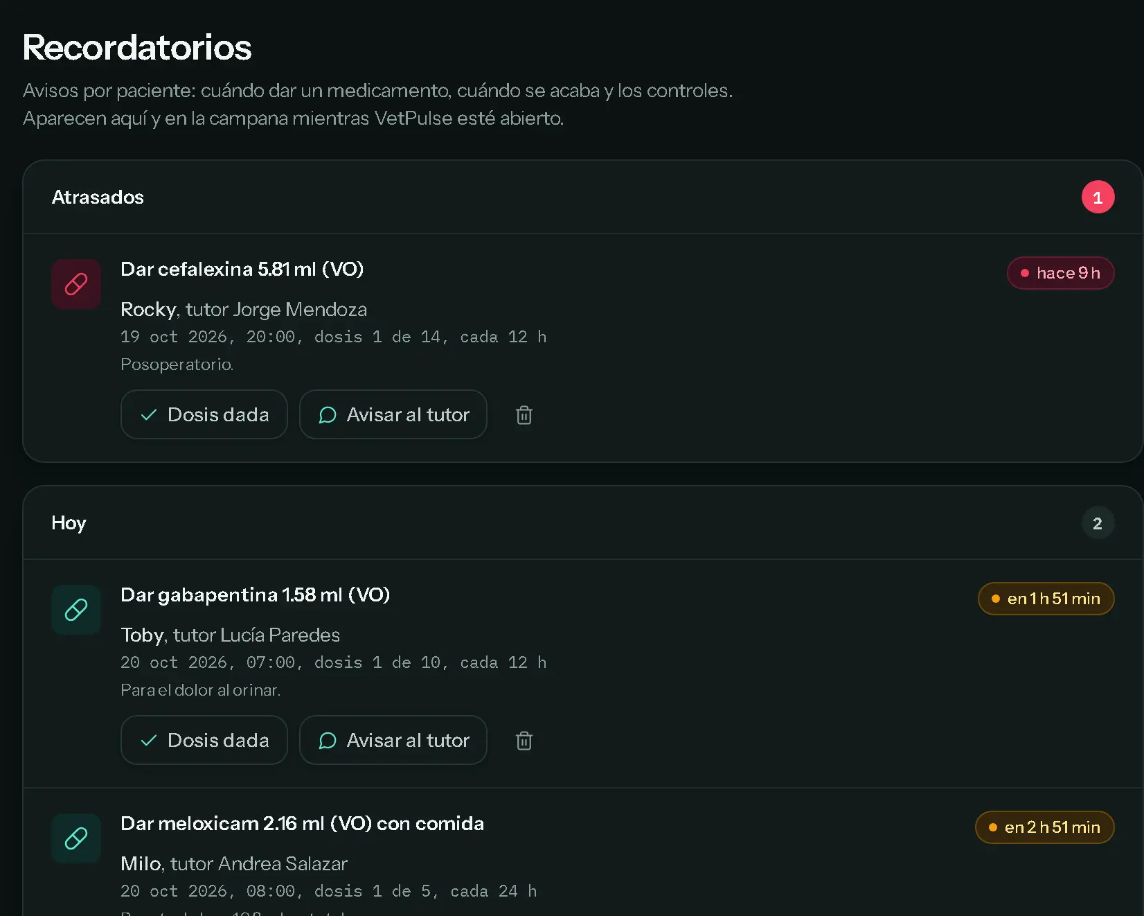 Recordatorios atrasados y de hoy, como dar meloxicam 2.16 ml a Milo a las 08:00.